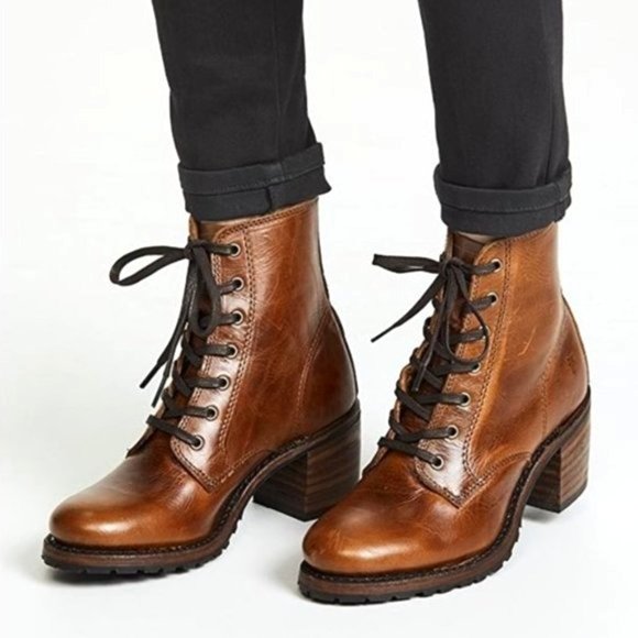 Frye Shoes - $415 Frye Sabrina 6G Cognac Brown Leather Laced Combat Chunky Heeled Ankle Boots